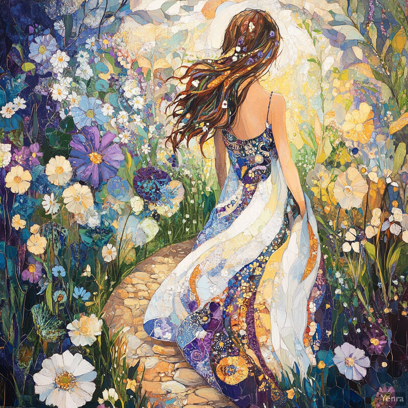 A woman with long brown hair adorned with flowers walks along a path in a meadow filled with wildflowers.