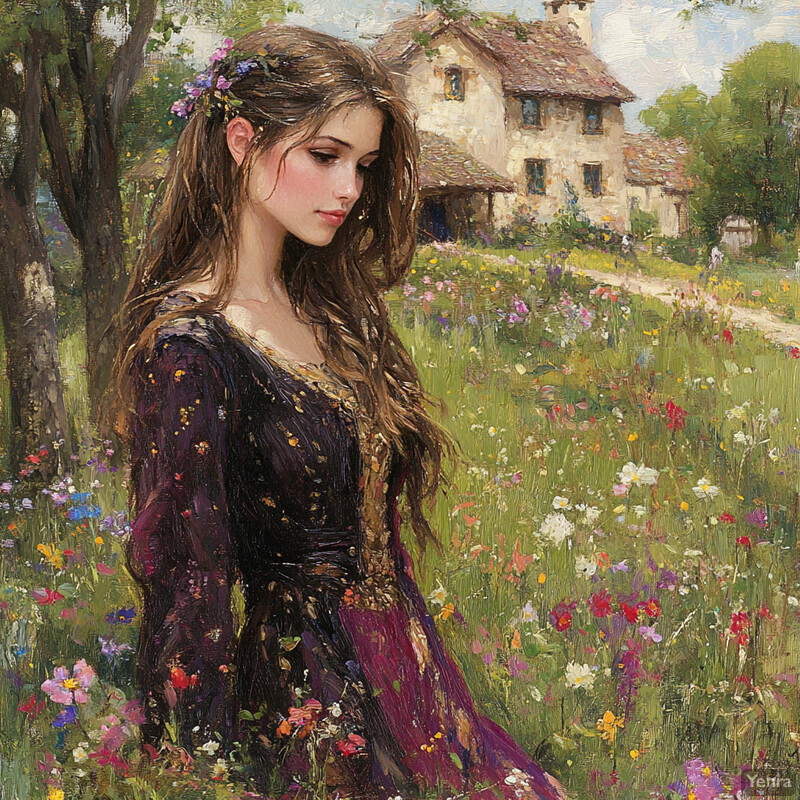 A serene oil painting of a woman in a field of wildflowers, with a house in the background