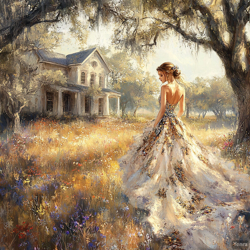 A woman in a floral gown stands in front of an old house surrounded by trees and flowers.