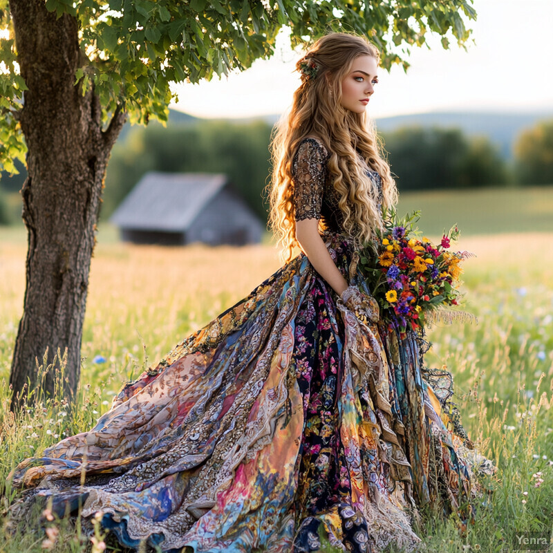 A young woman in a colorful dress stands in a field of wildflowers, holding a bouquet of flowers.