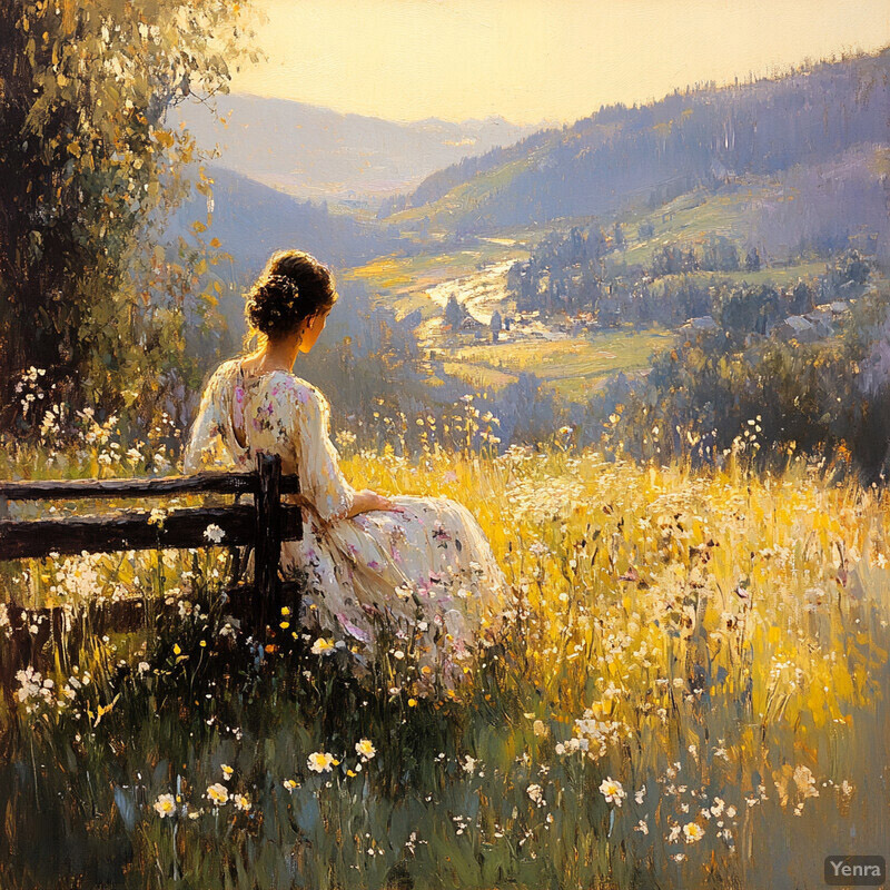 A woman sits on a wooden bench in a field of wildflowers, surrounded by trees and hills.