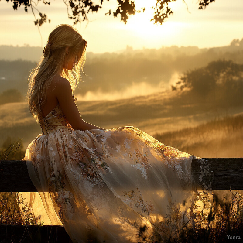 A serene and idyllic scene of a woman sitting on a fence post, surrounded by lush greenery and vibrant flowers.