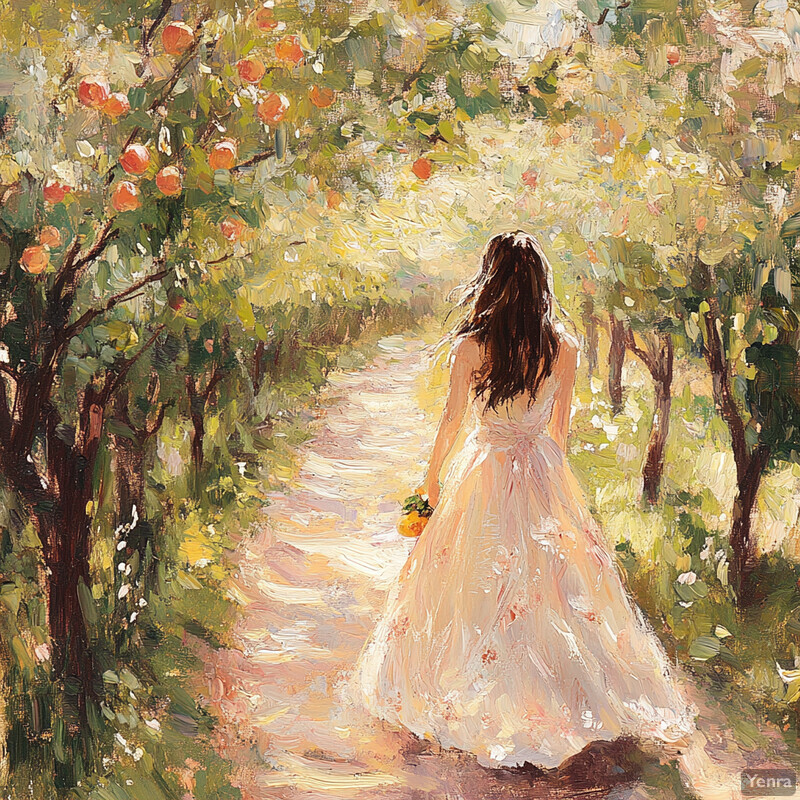 A woman walks down a path lined with peach trees, carrying an orange and dressed in white.