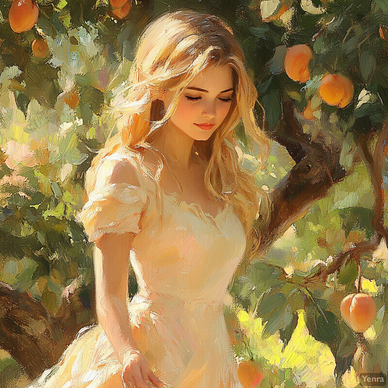 A young woman stands amidst an orchard filled with ripe peaches, lost in thought as she surveys the bounty of nature.