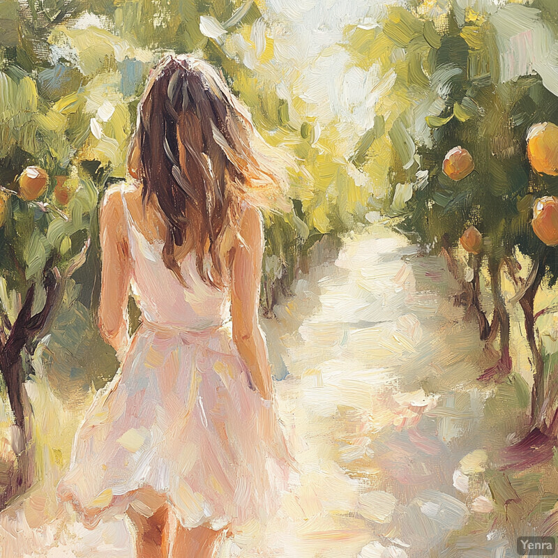 A woman strolls through an orchard surrounded by lush greenery and vibrant peaches.