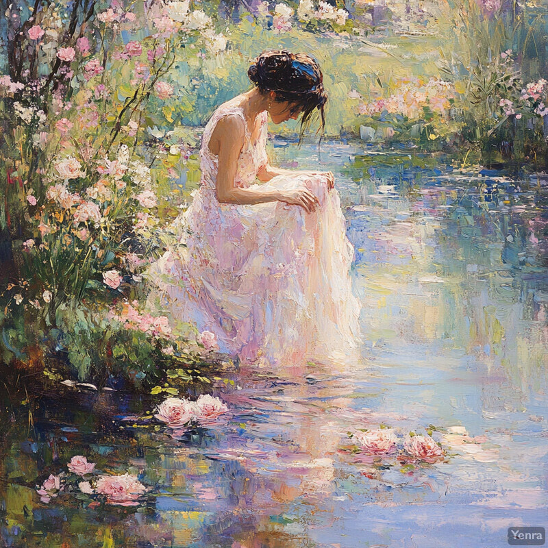 A serene and idyllic painting of a woman sitting by a body of water, surrounded by lush greenery and vibrant flowers.