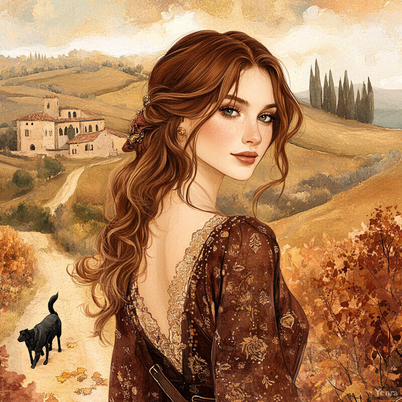 A woman in a brown dress stands amidst autumnal scenery