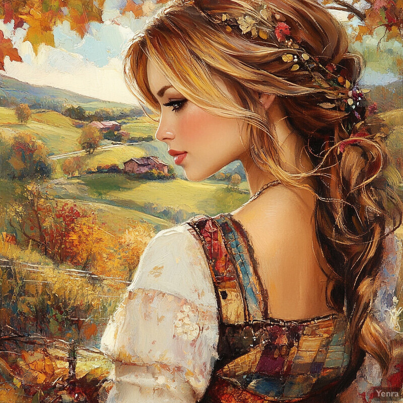 A serene autumn scene featuring a woman in a peaceful setting