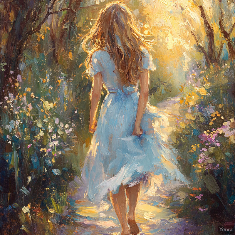 Oil painting of a woman in a blue dress walking down a path surrounded by trees and flowers