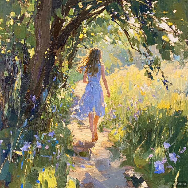 A young girl walks along a winding path in a lush meadow, surrounded by tall grasses and wildflowers.