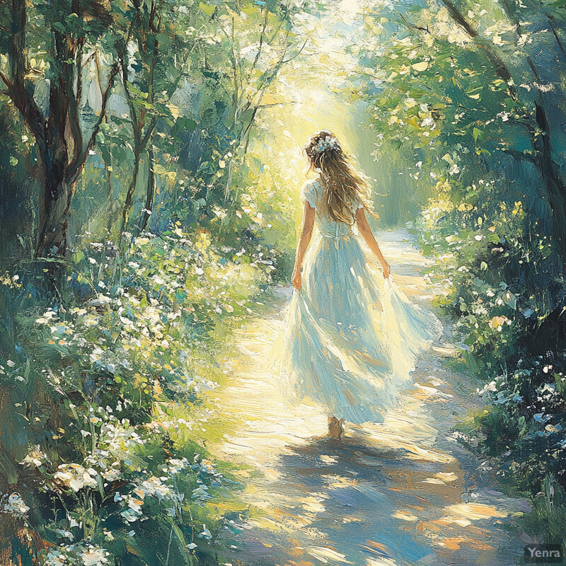 A serene and idyllic scene of a woman walking in a lush forest