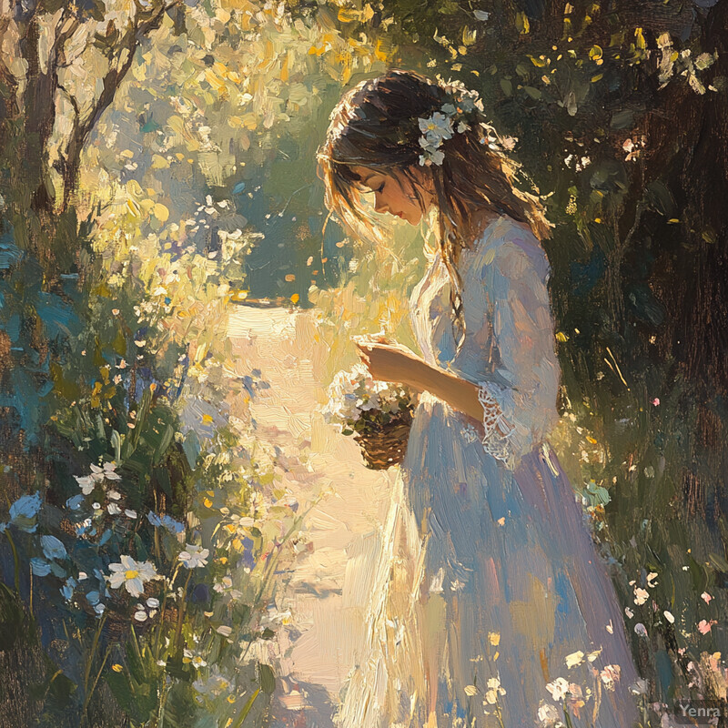 A young girl stands in a field surrounded by flowers, lost in thought.