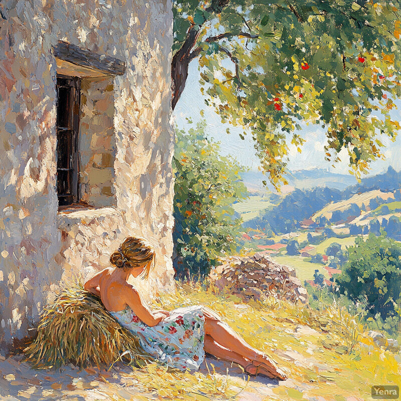 A woman sits on a haystack in front of an old stone house, gazing out at the beautiful landscape.