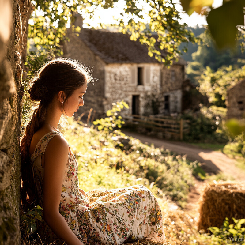 A young woman sits on a hay bale in front of an old stone house, surrounded by lush greenery and vibrant flowers.