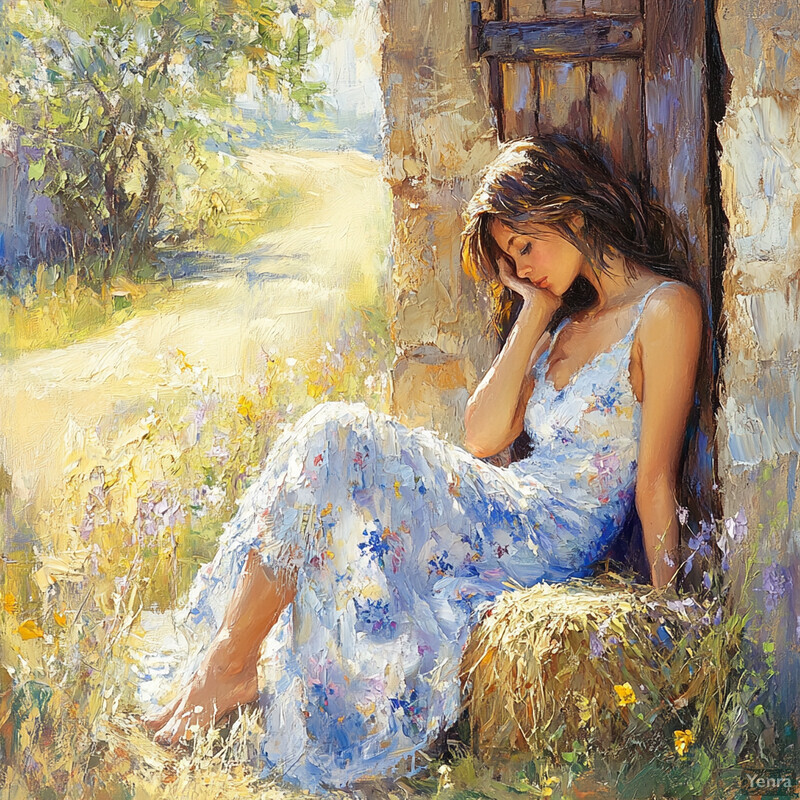 A serene painting of a woman sitting on a bale of hay in front of an old wooden door, surrounded by lush greenery and vibrant flowers.