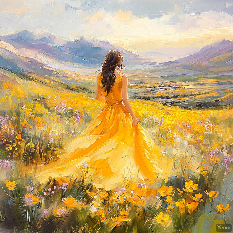 A serene scene of a woman in a yellow dress standing amidst wildflowers, gazing out at mountains in the distance