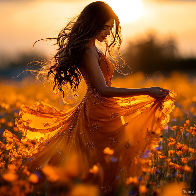 A woman stands amidst a field of saffron flowers at sunset, surrounded by vibrant orange blooms and bathed in warm golden light.