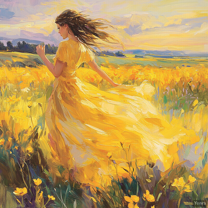 A woman in a yellow dress strolls through a field of saffron flowers on a sunny day.