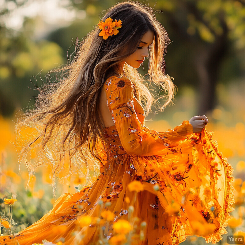 A serene scene of a woman standing in a field of orange flowers, exuding joy and contentment.