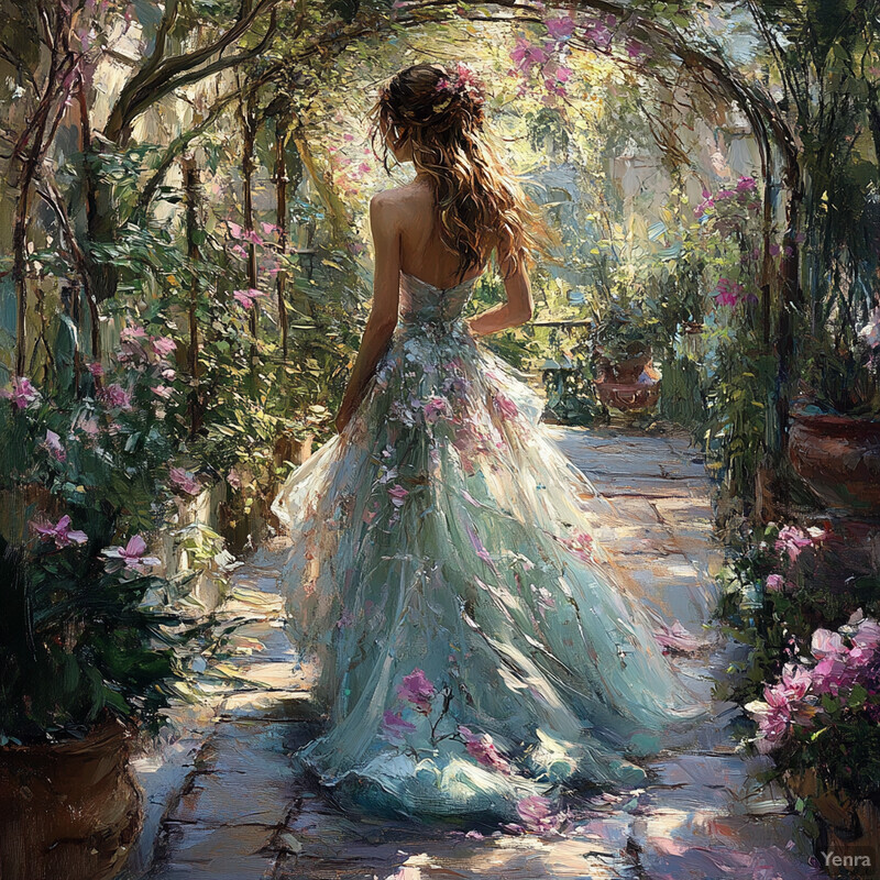 A woman in a floral dress stands amidst a lush garden, surrounded by vibrant flowers and towering trees.