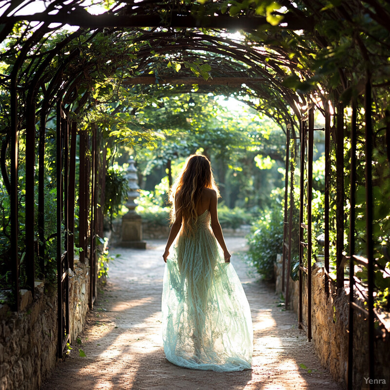 A serene image of a woman walking through an arched trellis covered in greenery