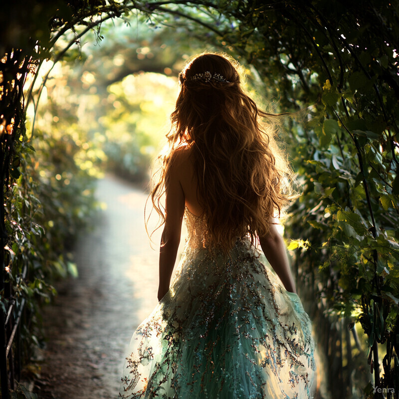 A woman in an aqua blue gown walks through an arched trellis covered in green vines and leaves.