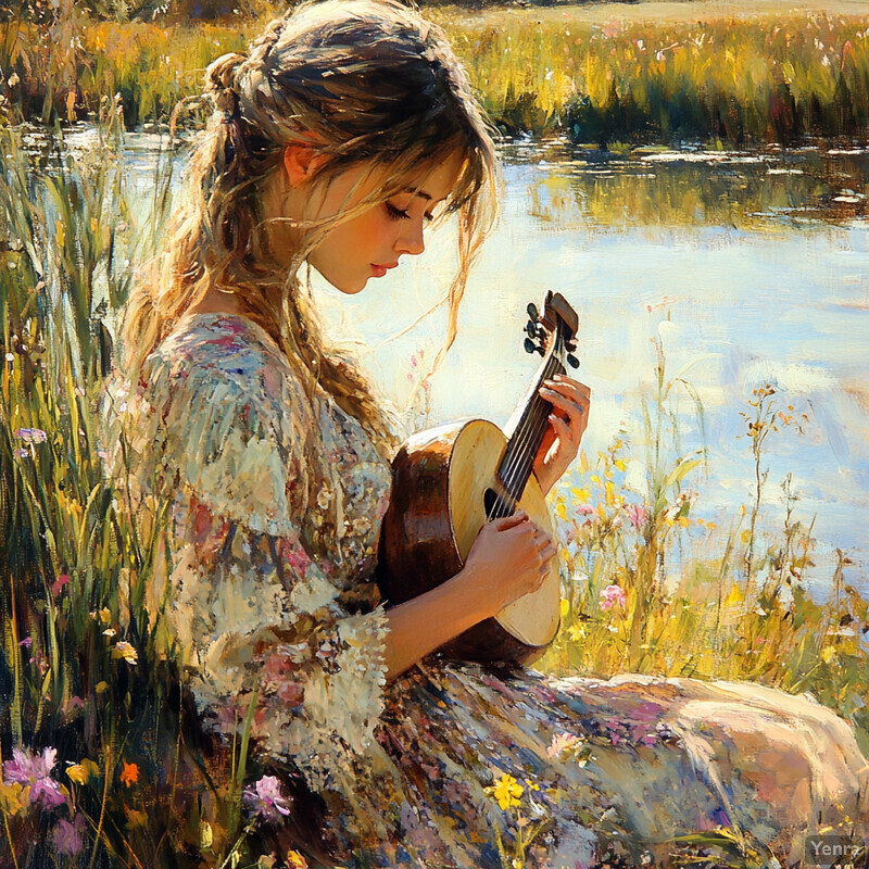 A young woman sits in a field with her guitar, surrounded by tall grasses and wildflowers, creating a serene and peaceful scene.