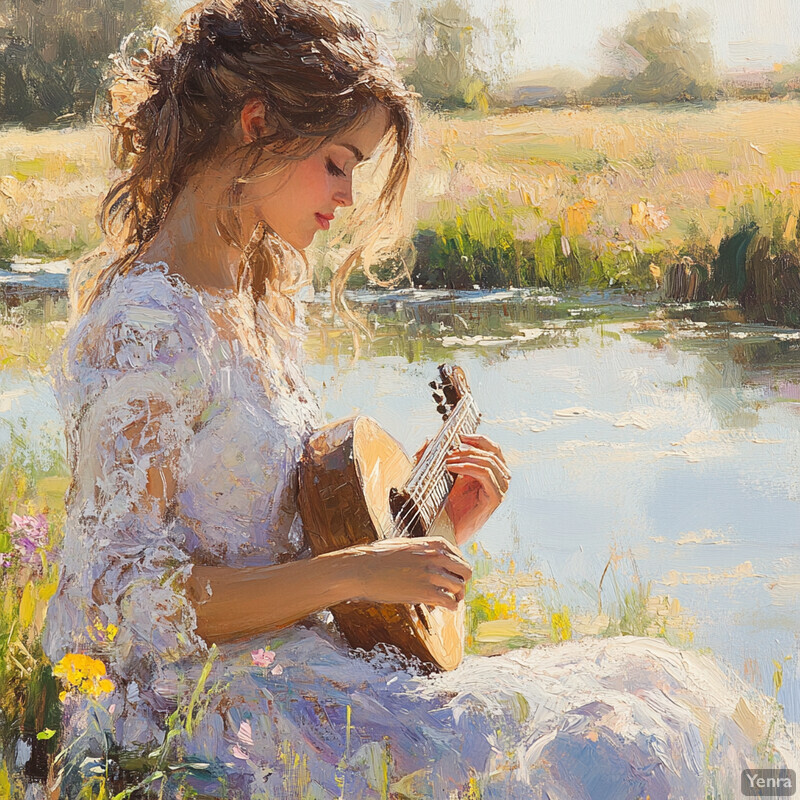 A young woman sits by a riverbank, playing a guitar in a serene and idyllic setting.