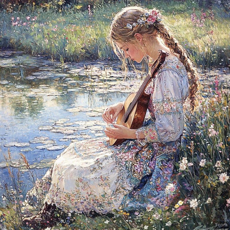 A young woman sits by a pond, playing a lute amidst lush greenery and vibrant flowers