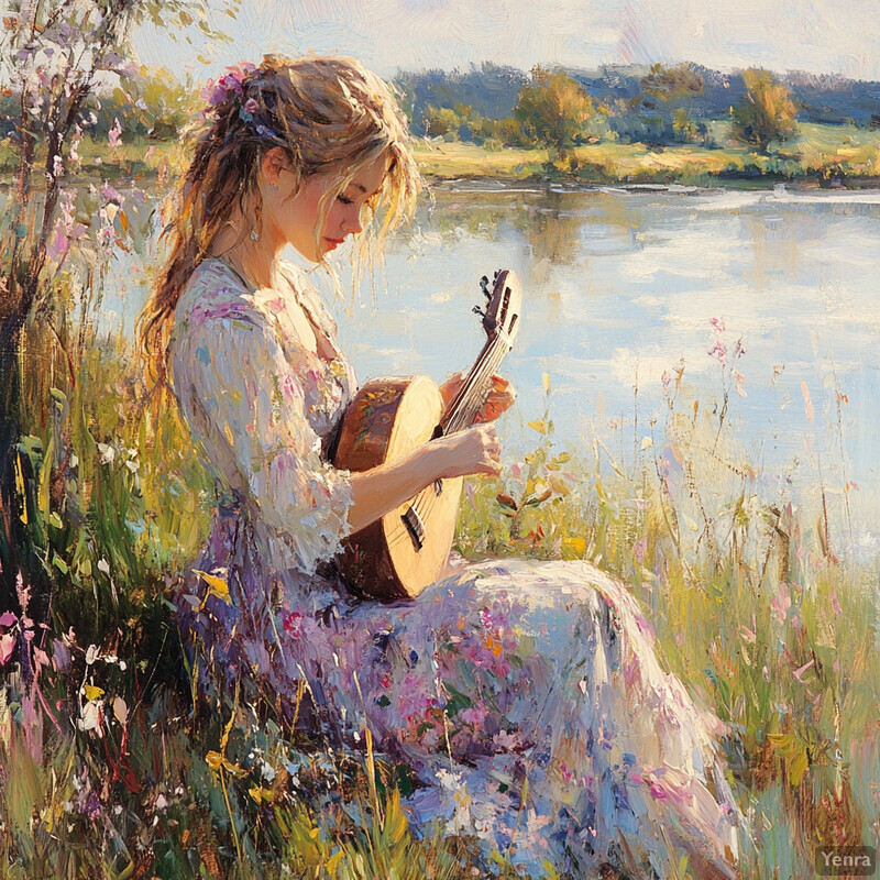 A young girl sits by a body of water, surrounded by lush greenery and vibrant flowers, lost in thought or playing a musical instrument.