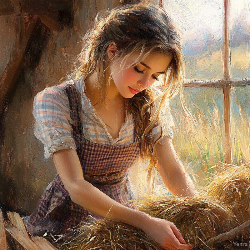 A young girl sits in a hayloft surrounded by natural light and hay.