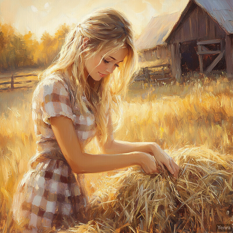 A young woman tends to a bale of hay in a rustic barn setting