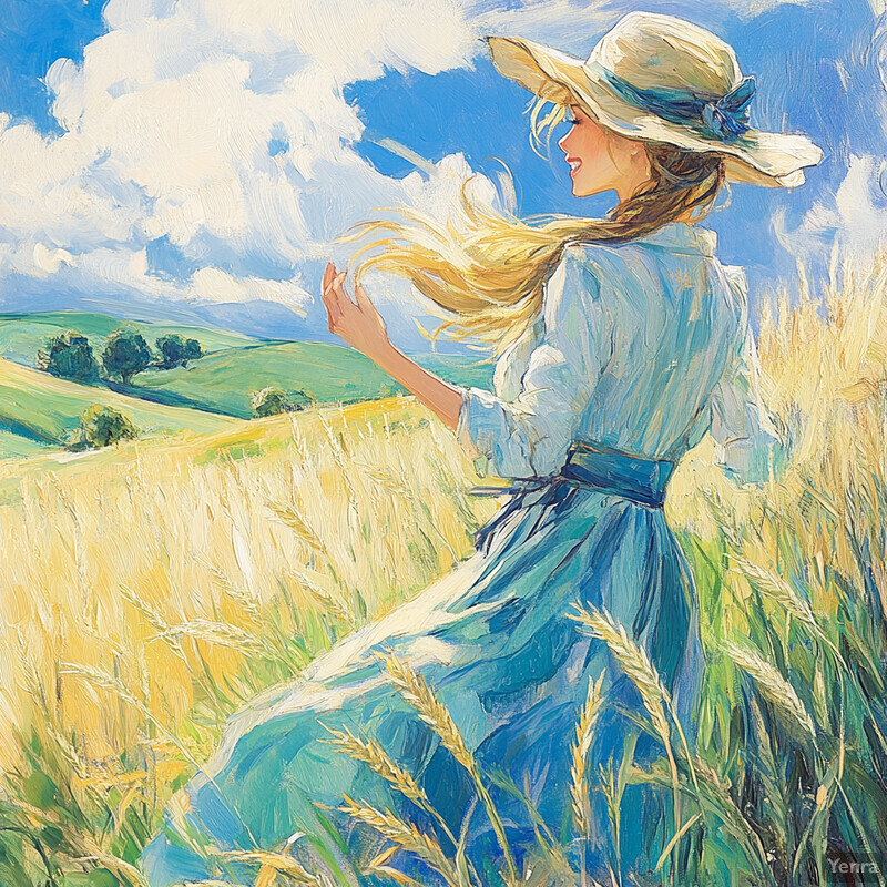 A young woman stands in a field of wheat on a sunny day, surrounded by rolling green hills and fluffy white clouds.