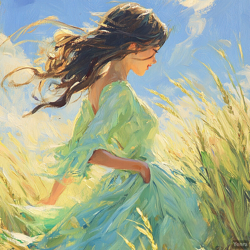 A serene and idyllic scene of a woman standing amidst tall grasses under a clear blue sky.