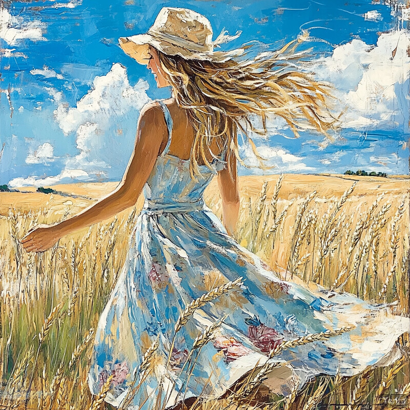 A woman in a flowing white dress walks through a wheat field on a sunny day