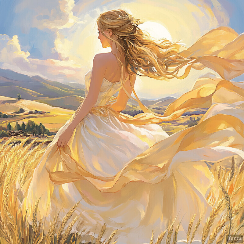 A serene summer solstice scene featuring a woman in a flowing white dress standing amidst a wheat field under a warm sun