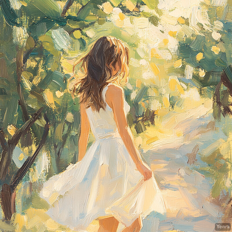 A young woman in a white dress strolls through an orchard on a sunny day.