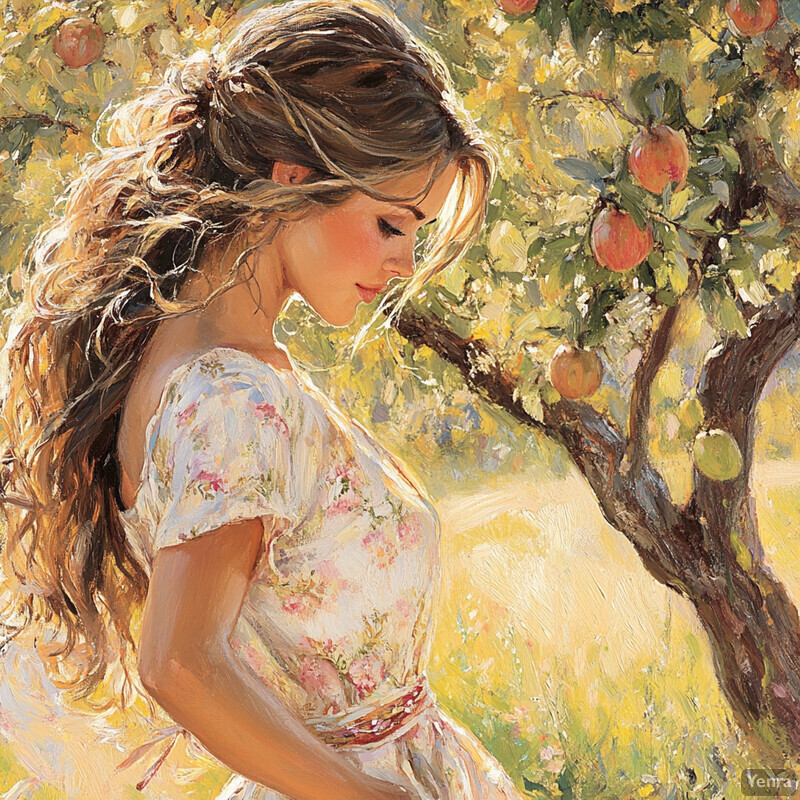 A young woman stands confidently in an orchard, surrounded by lush greenery and vibrant fruit trees.