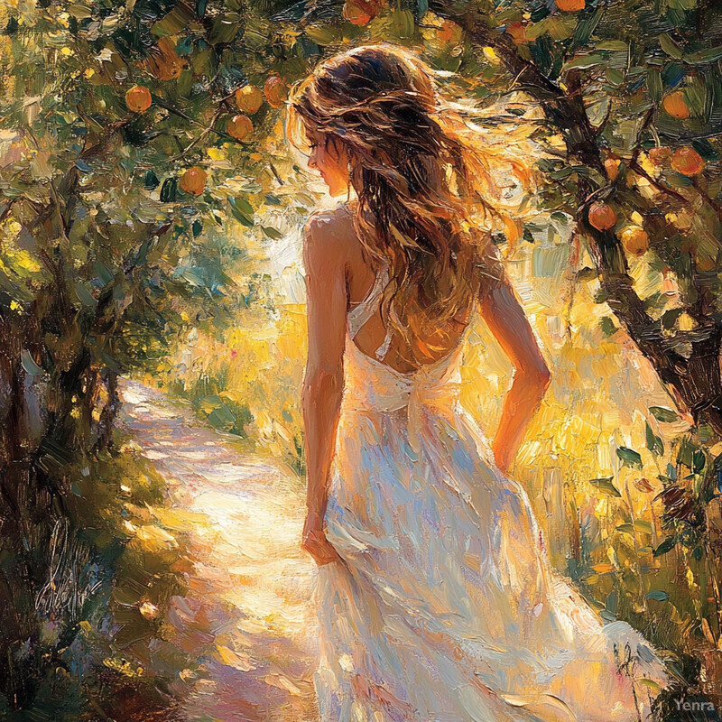 A woman walks through an orchard surrounded by lush greenery and vibrant fruit trees, creating a serene and idyllic scene.