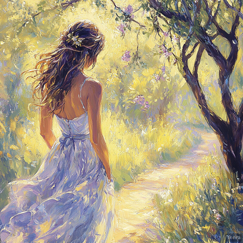 A serene and idyllic scene of a woman in a white dress walking along a path surrounded by lush greenery.