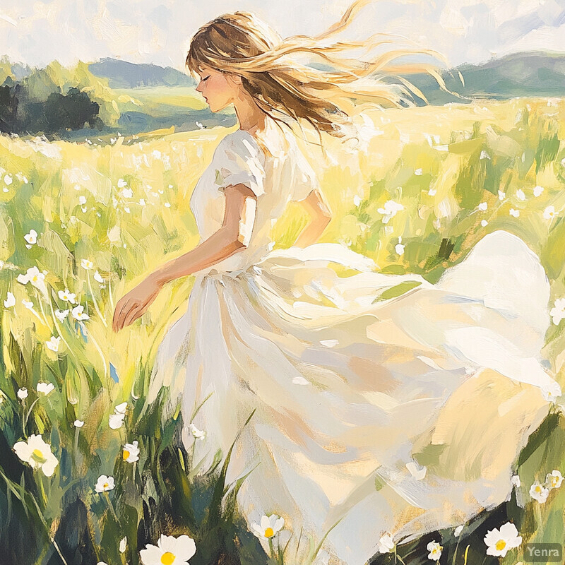 A young woman stands amidst a field of wildflowers on a sunny day, exuding serenity and idyllic charm.