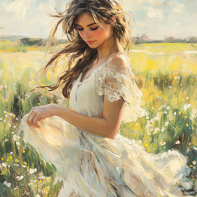 A young woman sits in a field of wildflowers, surrounded by nature's beauty.