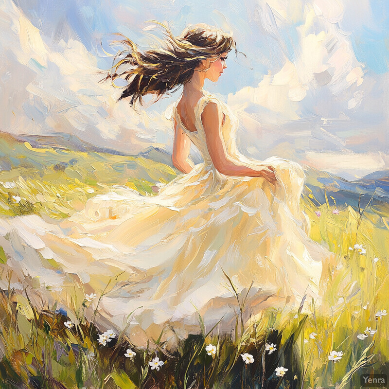 A serene and idyllic scene of a woman in a flowing white dress standing in a sunlit field