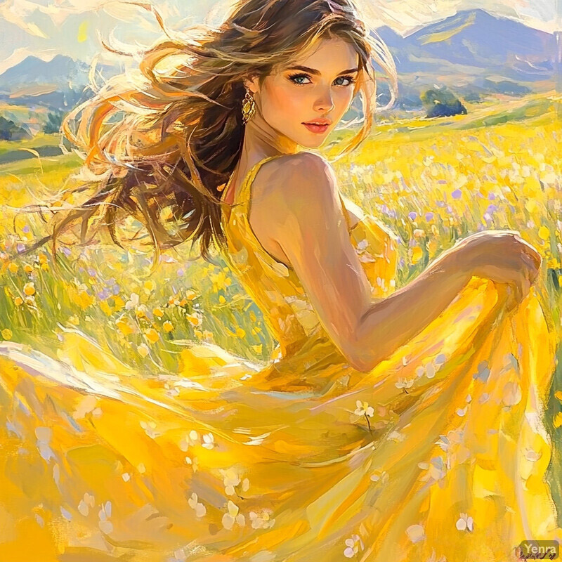 A young woman sits in a field of yellow flowers, surrounded by rolling hills and mountains.