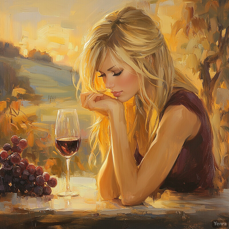 A woman enjoys red wine in a vineyard