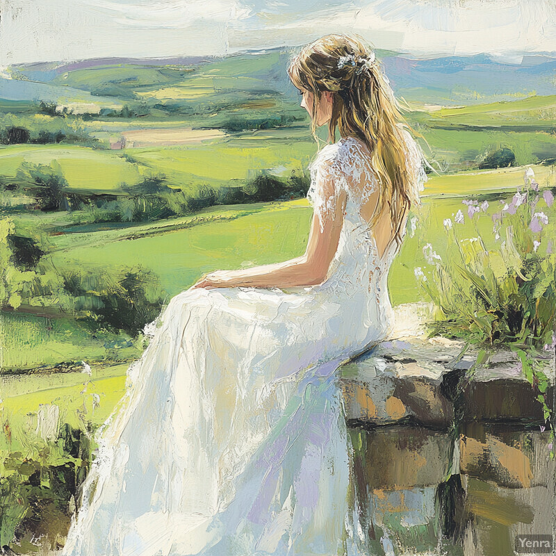 A woman in a white dress sitting on a stone wall overlooking rolling hills and fields.