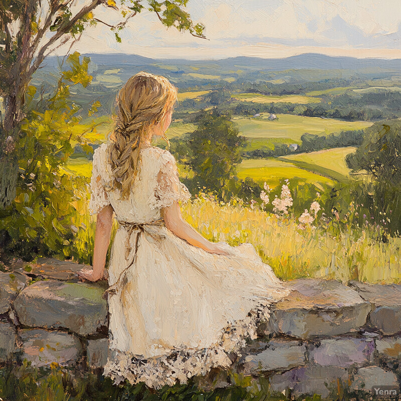 A young girl sits on a stone wall overlooking rolling hills and fields under a bright sky, exuding a sense of contemplation and connection to nature.