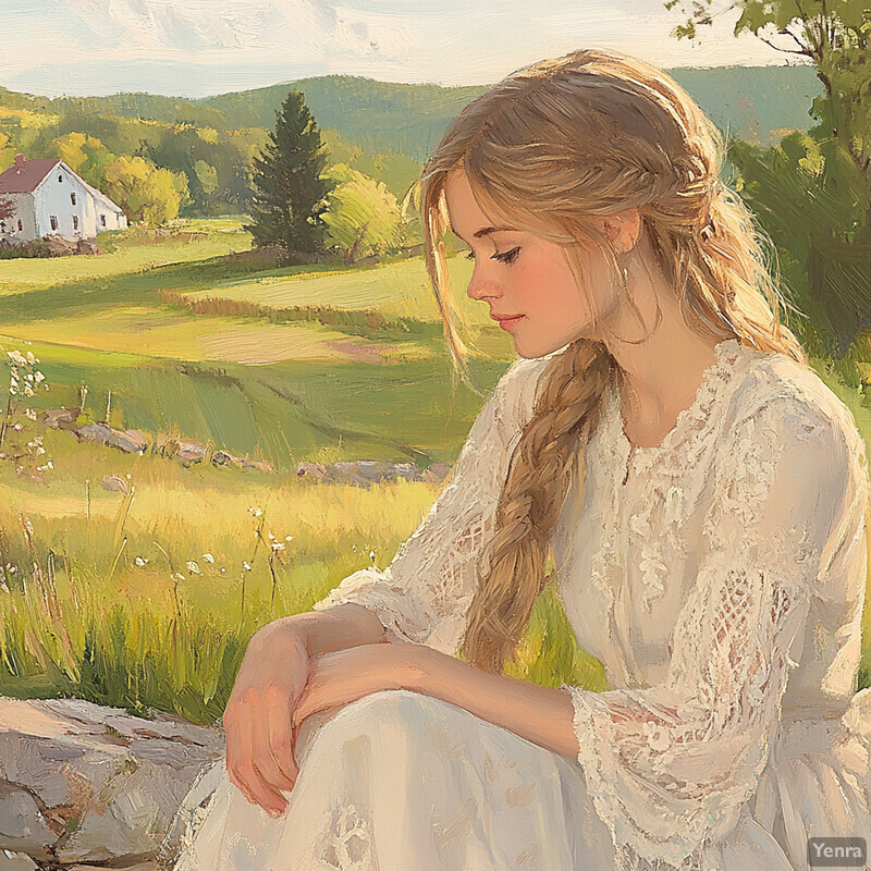 A serene countryside landscape with a young woman in a white lace dress sitting on a rock or log.