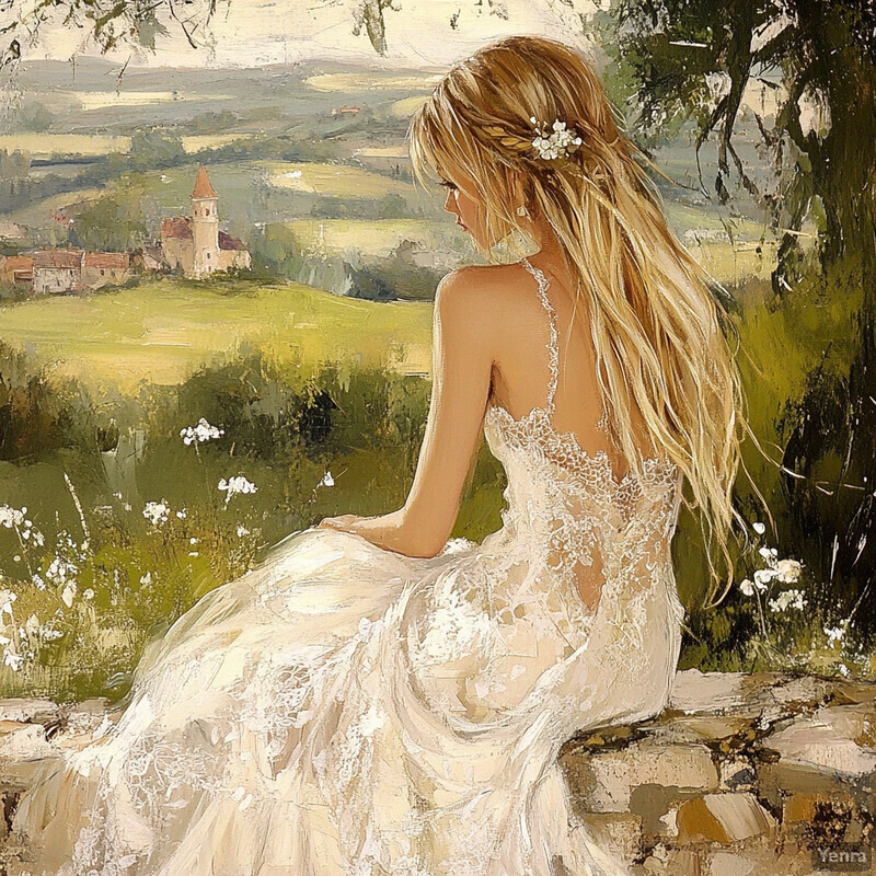 A woman in a white wedding dress sits on stone steps overlooking a picturesque countryside landscape