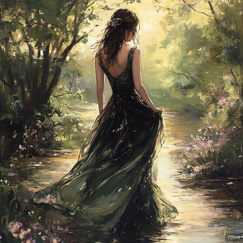 A serene scene of a woman in a black dress standing by a body of water surrounded by lush greenery and flowers.